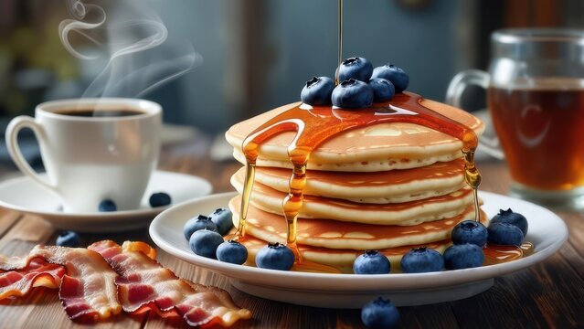 Indulge in a delicious breakfast spread featuring fluffy pancakes drizzled with golden syrup, fresh blueberries, crispy bacon, and steaming coffee.