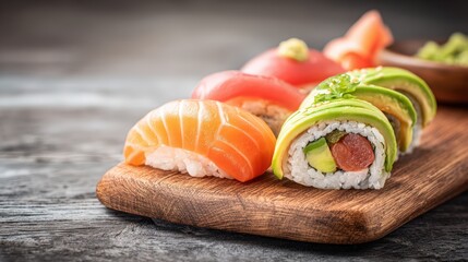 A delicious assortment of sushi nigiri and rolls featu fresh salmon, tuna, and avocado elegantly presented on a rustic wooden board.
