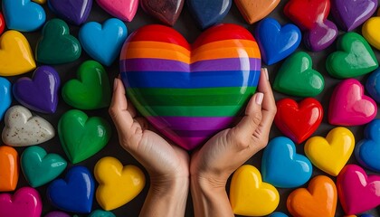 A person holding a rainbow pride flag heart over many colorful hearts.