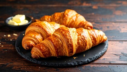 Golden croissants on a dark plate