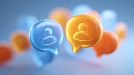 Floating blue and orange chat bubbles with user icons, symbolizing communication and social interaction in a digital environment.