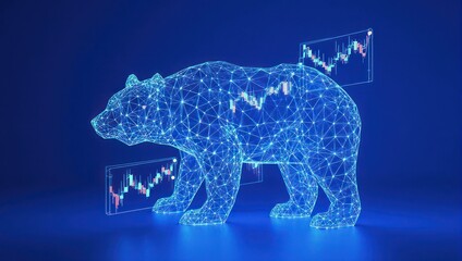 Dynamic digital bear graphic with fluctuating stock market charts symbolizes market downturns and financial analytics