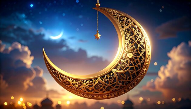 Ornate crescent moon, night sky, clouds