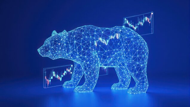 Dynamic digital bear graphic with fluctuating stock market charts symbolizes market downturns and financial analytics