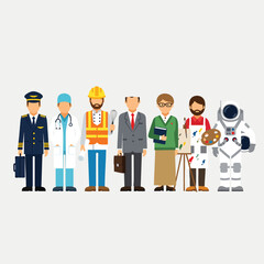 A diverse group of cartoon characters representing various professions like pilot doctor artist and astronaut.