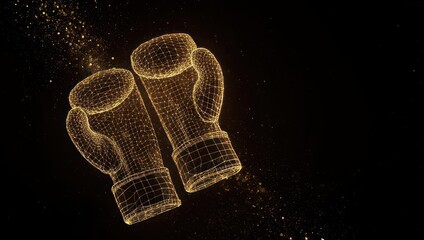 Dynamic golden wireframe boxing gloves float against a dark cosmic background with sparkling particles, symbolizing victory and intense competition.