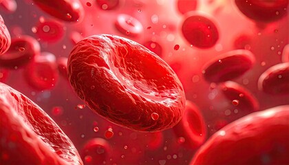 Close Up View of Red Blood Cells Floating in a Red Fluid for Medical Research and Scientific Visualization with Bright Background