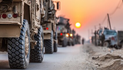 Military convoy at sunset