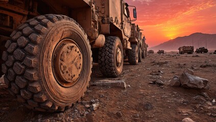 Military trucks at sunrise in desert