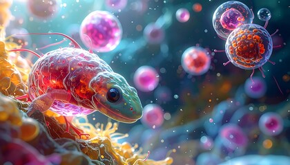 Colorful microscopic creature amidst vibrant cells