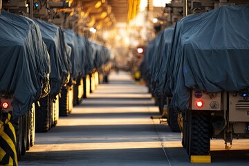 Military vehicles lined up in a hangar