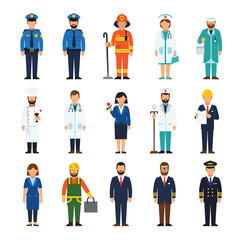 A diverse set of flat design cartoon characters representing various professions and occupations in uniform.