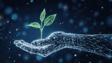 Nurturing innovation and growth, a digital hand cradles a vibrant young plant against a dark, starry expanse.