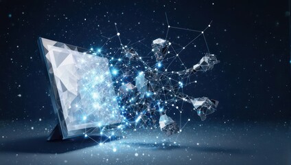 Dynamic digital network transforming data into stunning 3D abstract forms bursting from a futuristic screen.