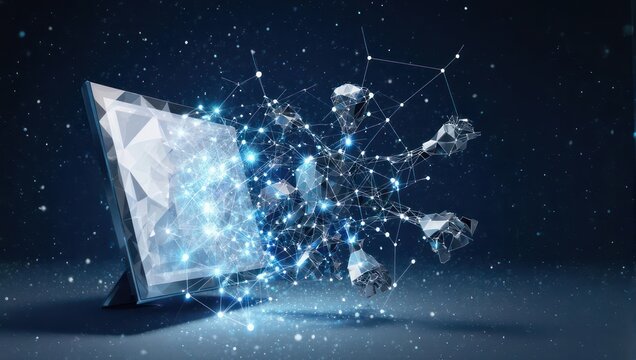 Dynamic digital network transforming data into stunning 3D abstract forms bursting from a futuristic screen.