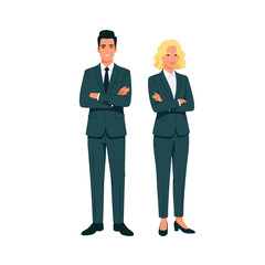 A professional businessman and businesswoman standing together with arms crossed in formal dark suits.