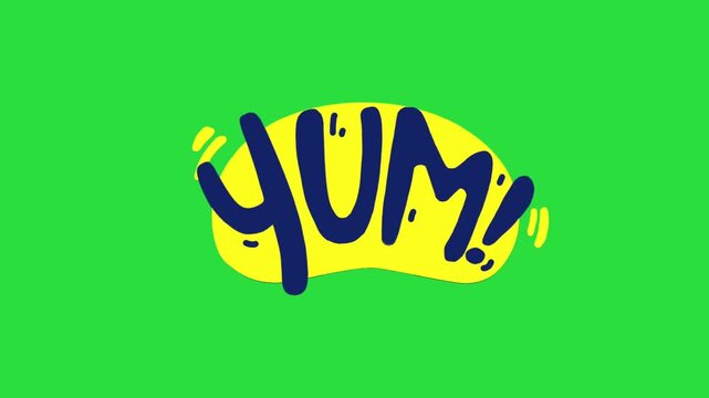 Animated "YUM!" text on green screen. Ideal for food, cooking, and restaurant videos. Easy chroma keying. Seamless loop