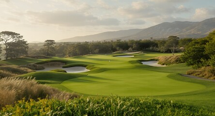 Obraz premium Stunning Golf Course Landscape at Sunset with Rolling Greens and Distant Mountains