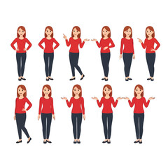 Obraz premium A set of a young cartoon woman in a red shirt and dark pants shown in various poses and gestures.