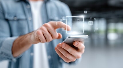 Close Up of Man Using Smartphone with Digital Overlay in Bright Indoor Setting Wearing Blue Denim Shirt