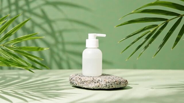 white spray bottle mockup on stone with palm leaf in slow motion