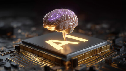 Artificial intelligence concept with glowing human brain connected to AI microchip, symbolizing machine learning, neural networks, and advanced technology. 