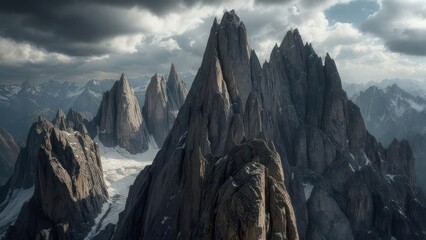 Dramatic jagged mountain peaks pierce stormy skies, showcasing rugged alpine wilderness and epic natural grandeur.