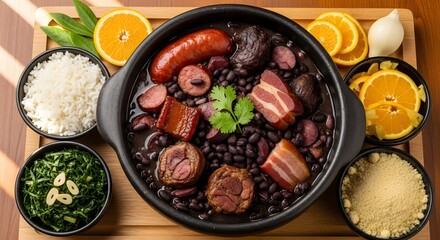 Delicious Brazilian Feijoada Cooked with Black Beans, Meats, and Citrus Fruits in a Traditional Kitchen Setting