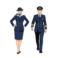 An illustrated male pilot and female flight attendant standing together in their professional airline uniforms.