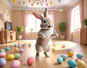 Cute bunny surrounded by Easter eggs
