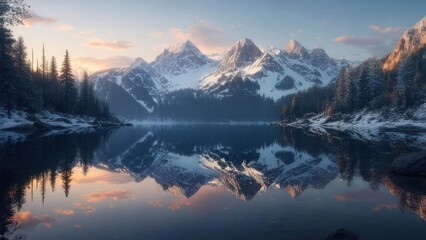Stunning winter mountain landscape with calm lake reflecting snow-capped peaks at sunrise, evoking serenity and adventure