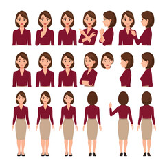 Obraz premium Businesswoman character creation set with various views poses gestures and emotions.