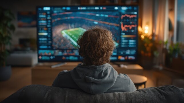 A person watches a football game with detailed statistics displayed on a large screen in a cozy living room setting.