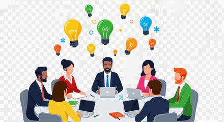 Collaborative brainstorming session where a diverse professional team shares innovative ideas and creative solutions during a business meeting