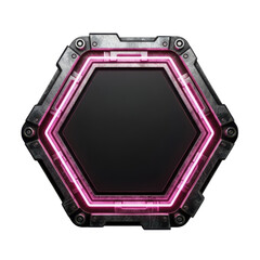 Hexagonal metallic frame with pink neon glow on transparent background