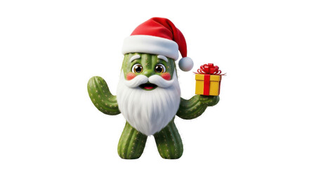 Obraz premium Festive cactus santa with gift on transparent background