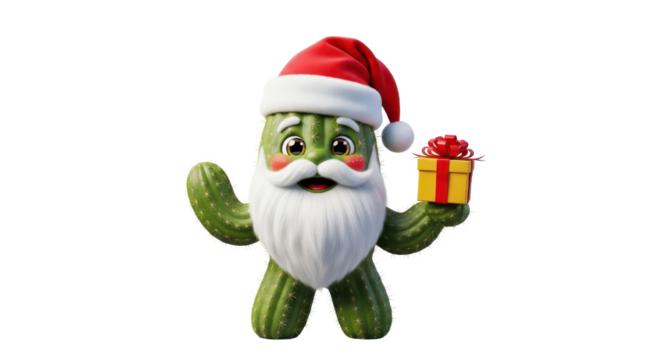 Festive cactus santa with gift on transparent background