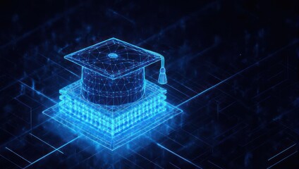 Stunning futuristic digital graduation cap glows with knowledge and innovation on a dark tech background, symbolizing modern education achievement.