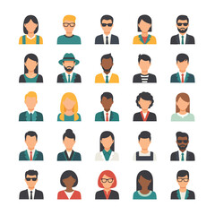 Diverse group of male and female character portraits in a modern flat icon style.