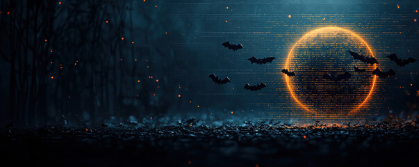 Halloween cyber security technology concept with glowing digital moon bats and dark forest background creating mysterious atmosphere