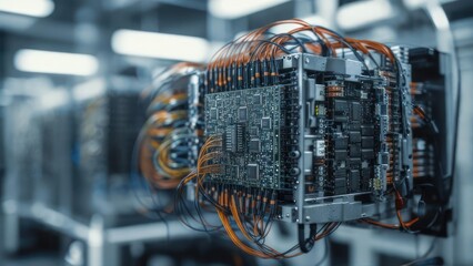 Intricate server rack circuit board with complex wiring system, representing advanced technology and data infrastructure
