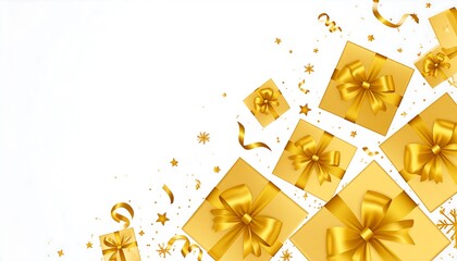 Gold gift boxes and ribbons on white background
