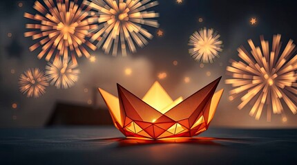 Intricate origami style, ethereal spiritual vibe, night sky with beautiful fireworks, light aura, mystical feeling, folded paper look, geometric precision
