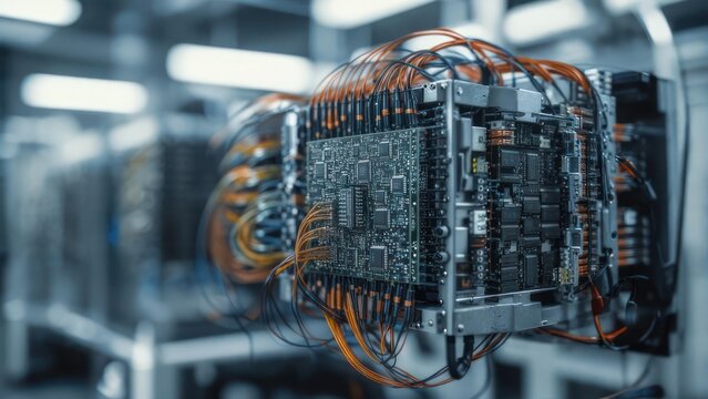 Intricate server rack circuit board with complex wiring system, representing advanced technology and data infrastructure