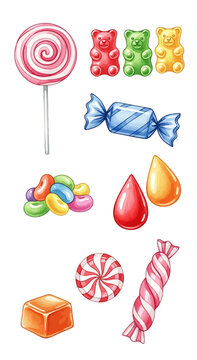 Watercolor candy clip art set lollipop swirl, gummy bears, wrapped candy, jelly beans, hard candy, drops, caramel, mint candy