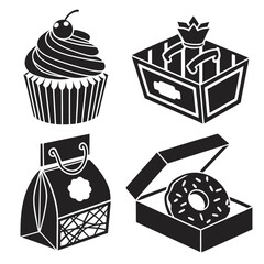 Bakery Treats Gift Box and Packaging Icons Keywords: cupcake, cherry, donut, box, gift box