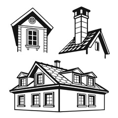 Black And White House and Roof Silhouettes On White Background