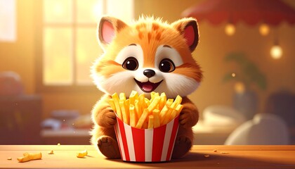 Cute cartoon animal eating french fries