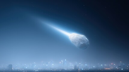 Celestial event featuring a large asteroid streaking through the night sky above a vibrant city skyline, illuminating the urban landscape with a brilliant light trail
