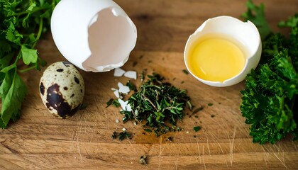 Eggs and herbs on a wooden board